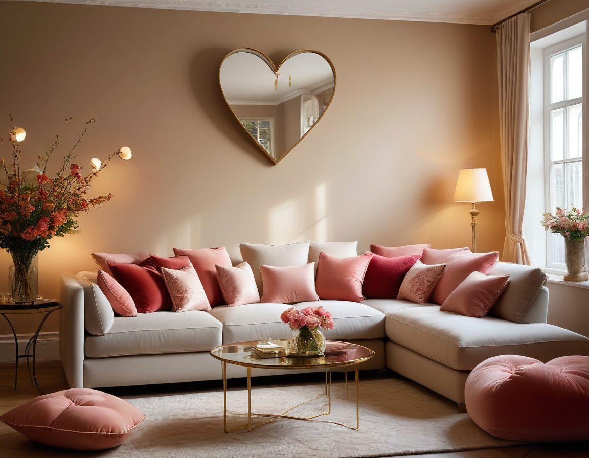 A beautifully decorated living room showcasing romantic home decor elements, such as heart-shaped cushions, soft candlelight, and floral arrangements. The walls are adorned with elegant art pieces that evoke love and intimacy. An inviting atmosphere with cozy furniture and soft textures, inviting viewers to imagine their own romantic space. Warm color tones are emphasized, creating a dreamy ambiance. super-realistic. warm colors. soft focus.