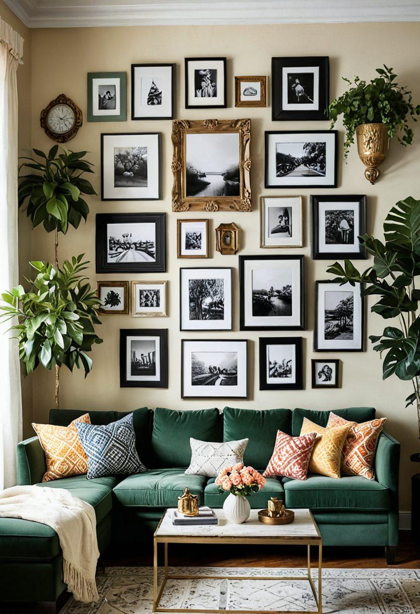A beautifully decorated wall featuring an eclectic mix of frames, art pieces, and plants that create a warm and inviting atmosphere. Showcase a cozy living room corner with soft lighting, vibrant colors, and textures that highlight the transformative power of wall décor. Include a touch of personal mementos, like photographs or handmade crafts, that evoke a sense of nostalgia. The overall scene should convey the joy of cherishing moments through creative decoration. super-realistic. vibrant colors. cozy atmosphere.