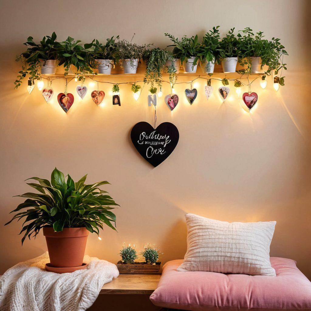 A cozy, warm interior showcasing an artfully decorated wall filled with love-themed decorations, including string lights, heart-shaped wall art, and framed romantic quotes. Subtle elements like potted plants and soft, inviting colors enhance the affectionate atmosphere. A couple can be seen admiring the wall, radiating romance and connection. cozy and romantic vibes. vibrant colors. super-realistic.